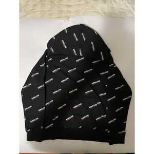 Costco Kirkland All Over Print Logo Hoodie Kids M 10/12 Pullover Sweatshirt Blk